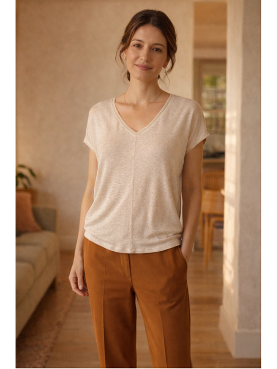 White House Black Market Tops - White House Black Market XXS Oatmeal Shimmer V-Neck Tee Quiet Luxury Top